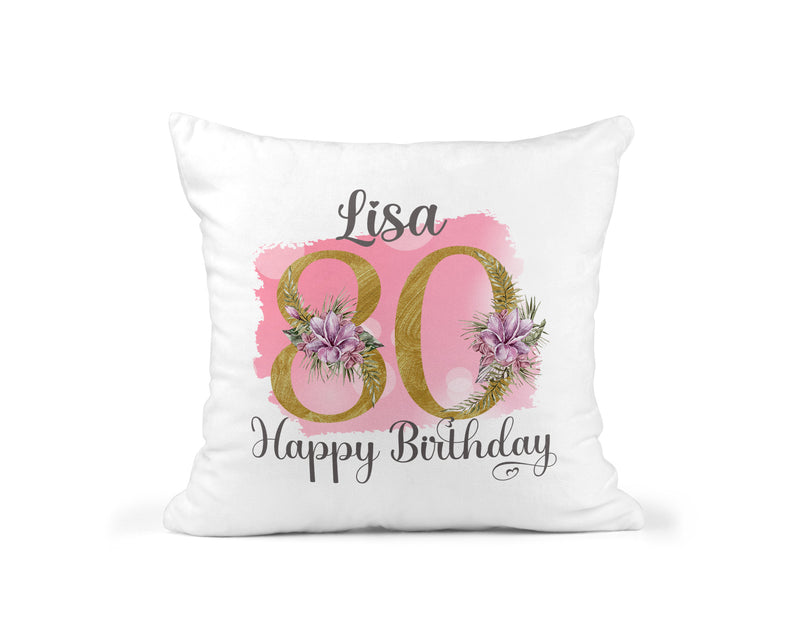 Personalised 80th Birthday Cushion, Pink Floral Design