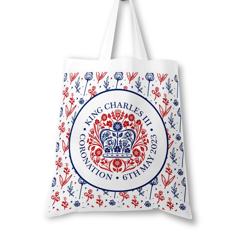 Coronation Tote Bag with Official Emblem - Floral Design - King Charles III