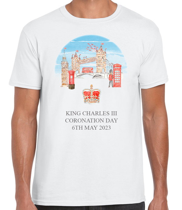 Coronation T-Shirt with London Landmarks - Watercolour Design - King Charles III