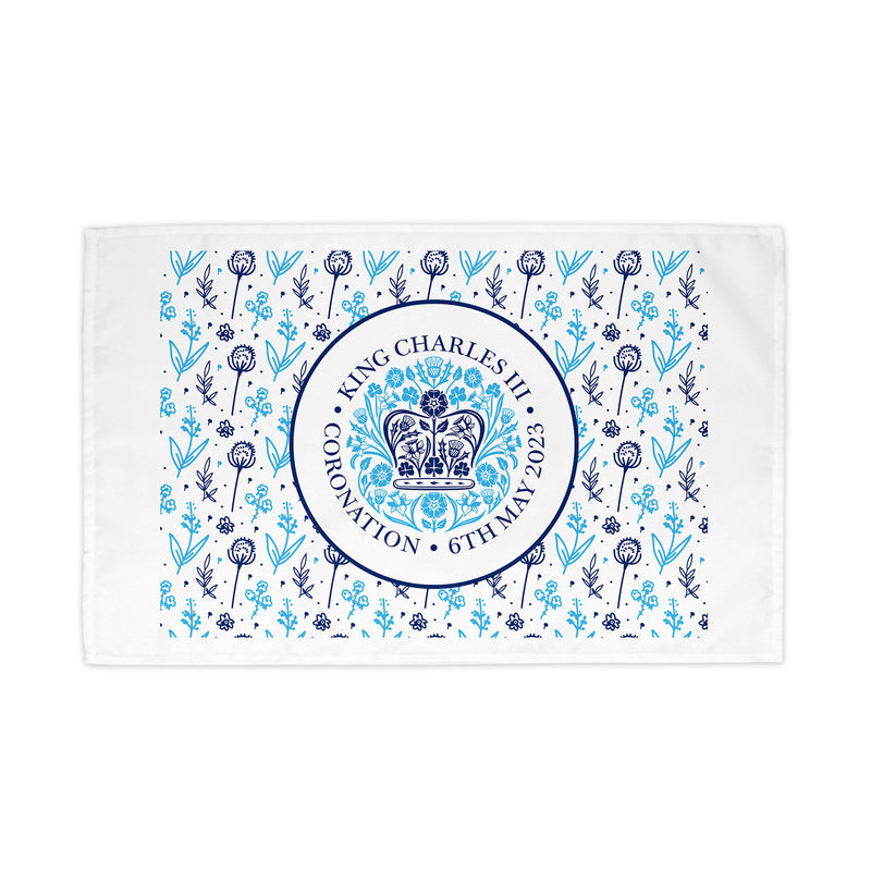 Coronation Tea Towel with Official Emblem - Floral Design - King Charles III