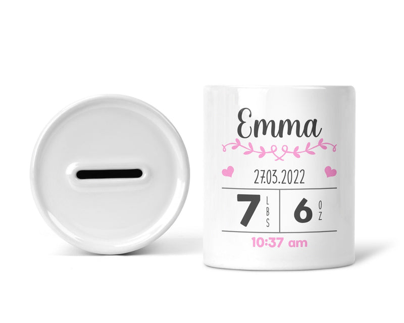 Personalised Birth Details Money Box for Baby Girl