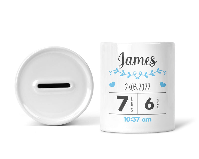 Personalised Birth Details Money Box for Baby Boy
